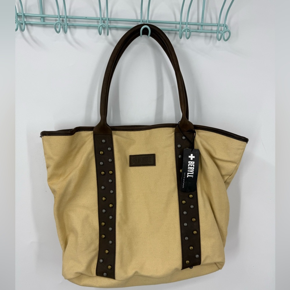 Beryll khaki canvas and leather studded tote bag